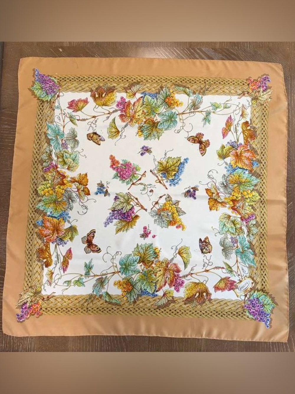 Gucci Silk Scarf Floral Butterfly Cream Hand Rolled - Picture 1 of 12